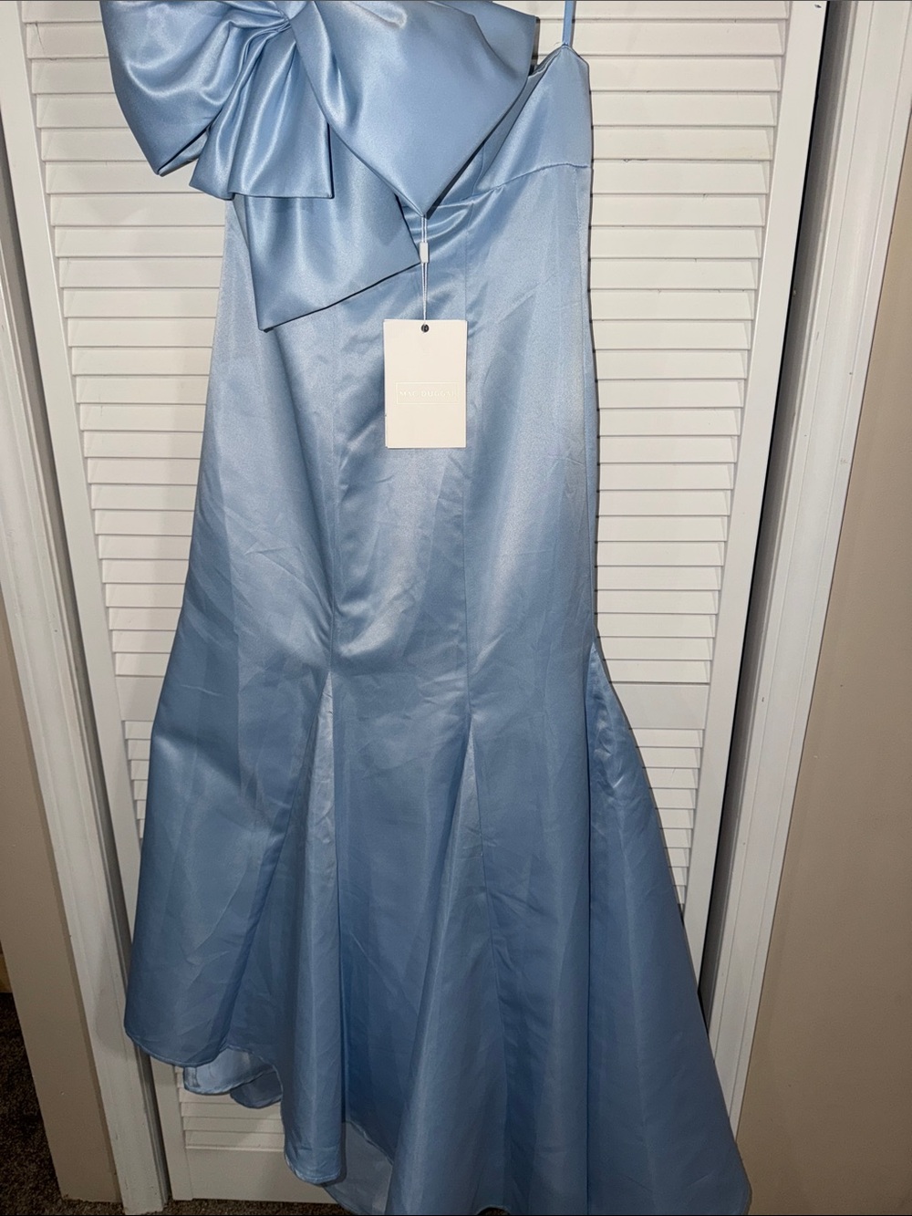 Mac Duggal Strapless Light Blue Satin Gown with Oversized Bow - Picture 9 of 14